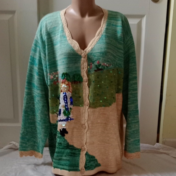Storybook Knits Green and Cream Scenic Cardigan, 2X - Picture 1 of 8